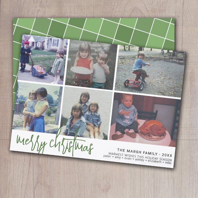 6 Photo - Script Merry Christmas - Green Tile Holiday Card (Creator Uploaded)