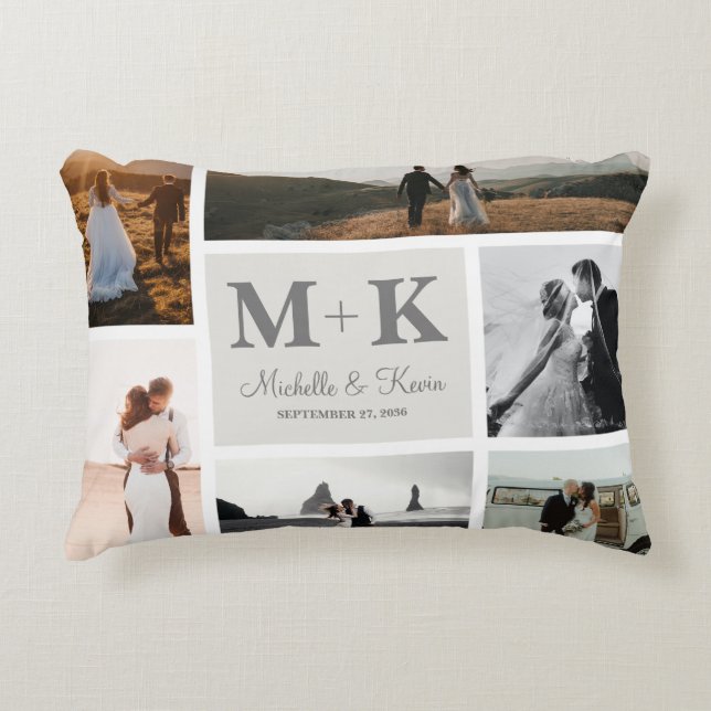 6 Photo Wedding Collage Newlyweds Keepsake Accent Pillow (Front)