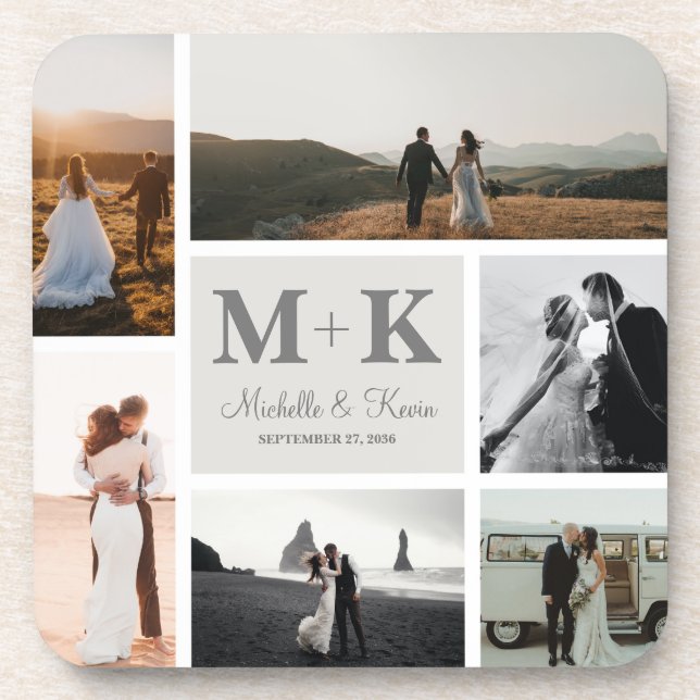 6 Photo Wedding Collage Newlyweds Keepsake Beverage Coaster (Front)