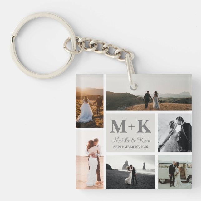 6 Photo Wedding Collage Newlyweds Keepsake Keychain (Front)