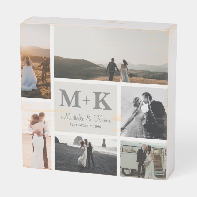 6 Photo Wedding Collage Newlyweds Photo Wooden Box Sign (Angled Horizontal)