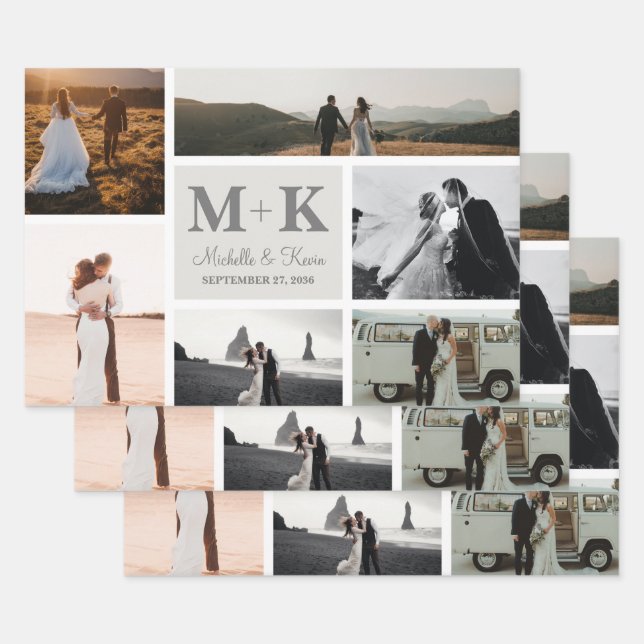 6 Photo Wedding Collage Newlyweds Wrapping Paper Sheets (Set)