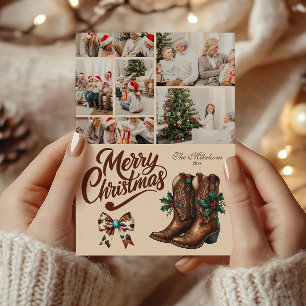 6 Photo Western Bow & Boots Christmas Holiday Card
