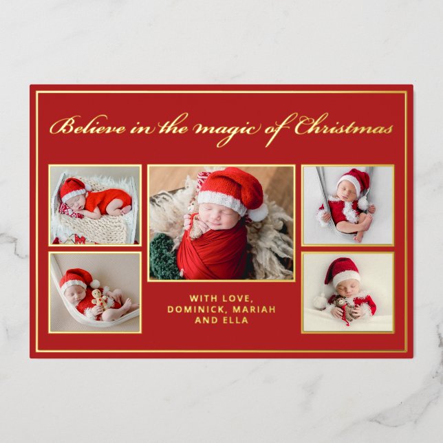 6 photos believe in Christmas magic family red Foil Holiday Card (Front)
