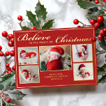 6 photos believe in Christmas magic family red Foil Holiday Card<br><div class="desc">Modern holiday greeting card featuring 5 of your favorite Christmas family portraits complemented by real gold foil frames and wording that reads "Believe in the magic of Christmas" over a festive red background, customizable with your message or names. You can upload one more picture on the reverse of the card....</div>