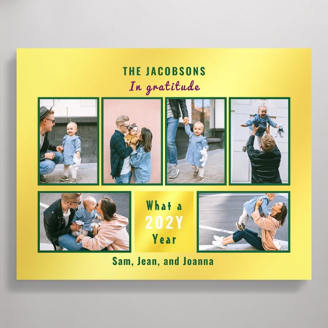 6 Photos Collage Cute Elegant Golden Personalized Acrylic Photo Tile (Elegant Modern 6 Photos Collage In Gratitude Family Members Names Year Shimmering Golden Background)