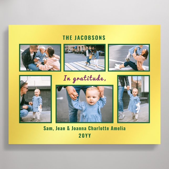 6 Photos Collage Cute Elegant Golden Personalized Acrylic Photo Tile (Elegant Modern 6 Photos Collage In Gratitude Family Members Names Year Shimmering Golden Background)
