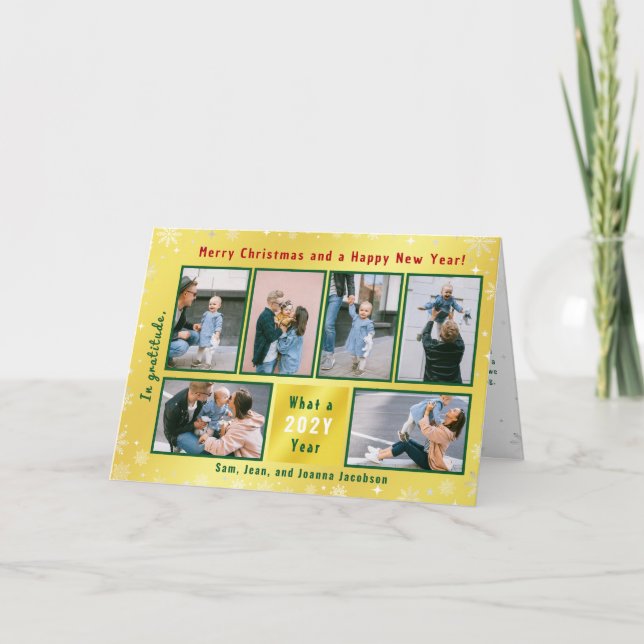 6 Photos Collage Cute Elegant Golden Personalized Holiday Card (Front)