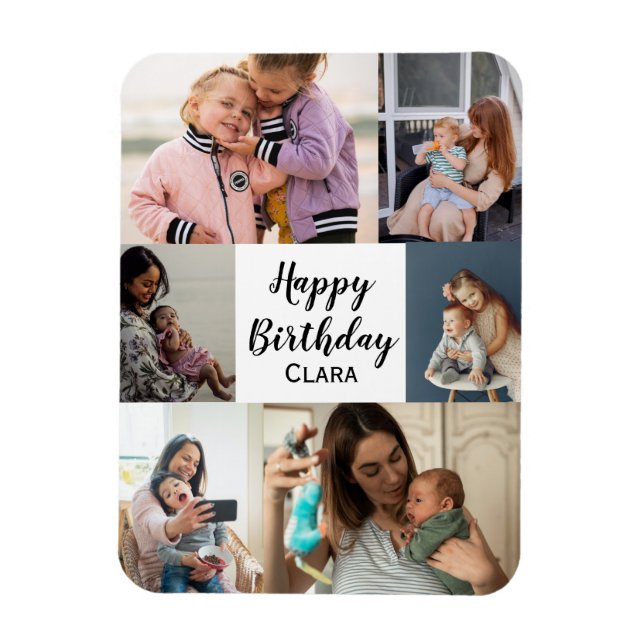6 Photos Collage Personalized Script Birthday Magnet (Vertical)