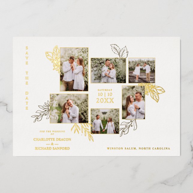 6 Photos Collage Wedding Botanical Branches Frame Foil Invitation (Front)