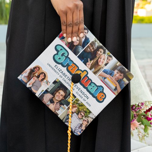 6 photos colorful retro groovy fonts collage name graduation cap topper