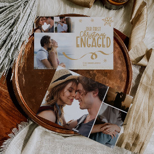 6 photos Gold Glitter First Christmas Engaged Holiday Card