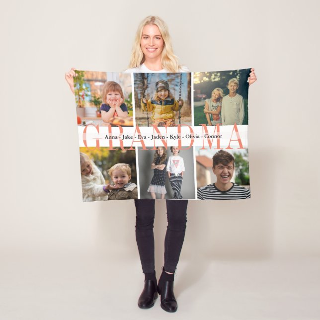 6 Photos Grandkids Custom Name Gift For Grandma Fleece Blanket (In Situ)