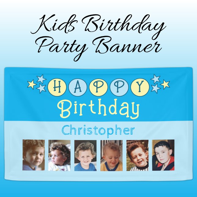 6 photos happy birthday name kids blue party banner (Creator Uploaded)