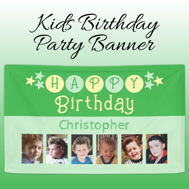 6 photos happy birthday name kids green party banner (Creator Uploaded)
