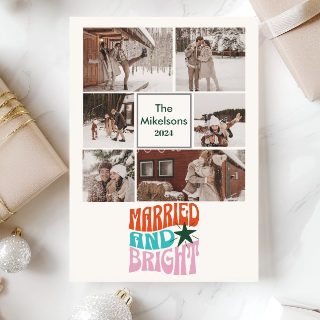 6 Photos Married and Bright Newlywed Holiday  Card (Creator Uploaded)