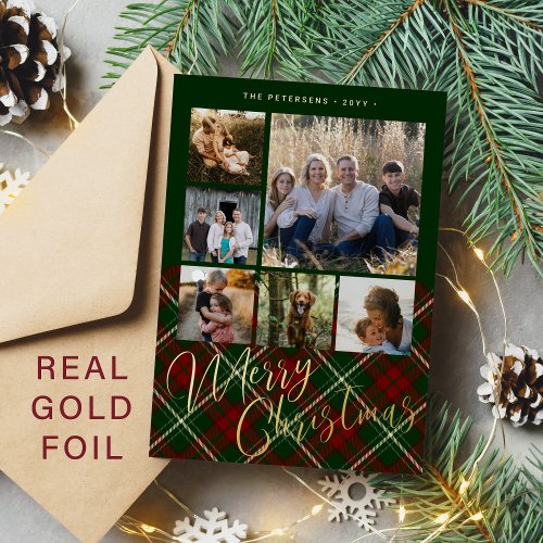 6 photos Merry Christmas family red green gold Foil Holiday Card