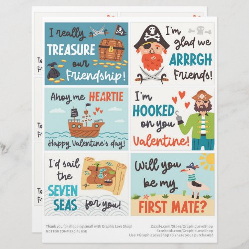 6 Pirate Kids Classroom Valentines Day Cards