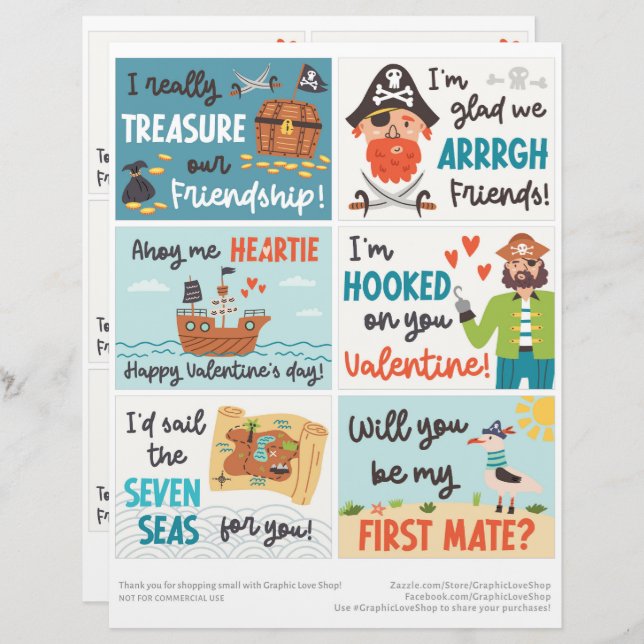 6 Pirate Kids Classroom Valentines Day Cards (Front/Back)