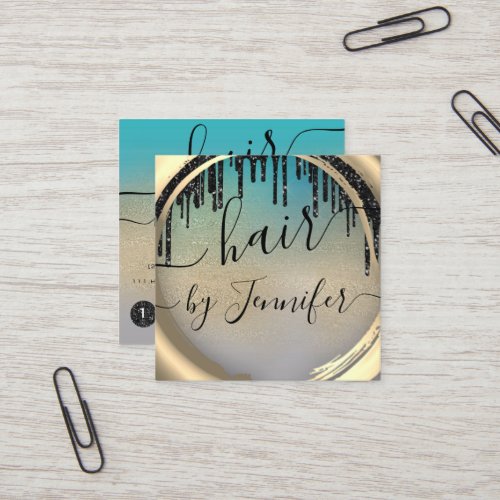 6 Punches Hair Lash Makeup Holograph Teal Drips   Square Business Card