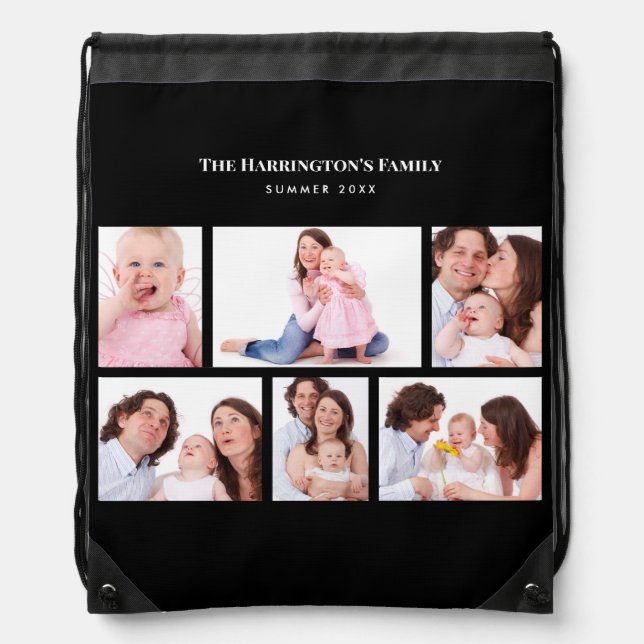 6 Sections Custom Photo Simple Elegant Black Frame Drawstring Bag (Front)