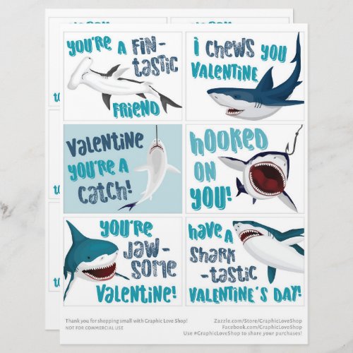 6 Shark Kids Classroom Valentines Day Cards
