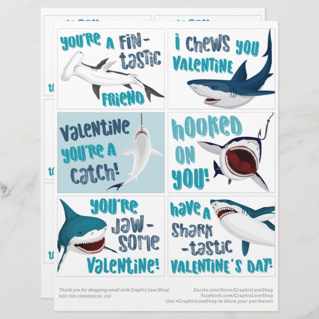 6 Shark Kids Classroom Valentines Day Cards (Front/Back)