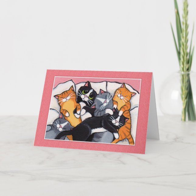 6 Sleepy Cats in the Bed - Cat Art Cards (Front)