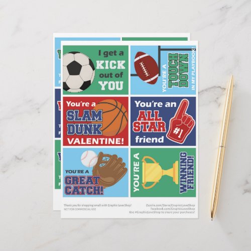 6 Sports Kids Classroom Valentines Day Cards