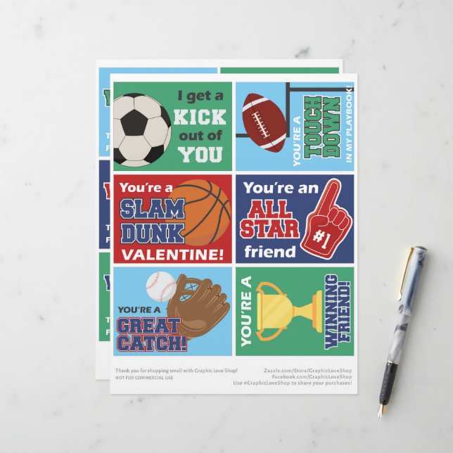 6 Sports Kids Classroom Valentines Day Cards (Front/Back In Situ)