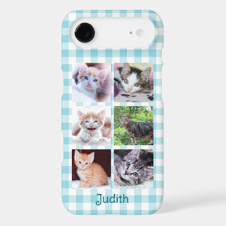 6 Square Pet Photo Collage Robin Egg Blue Gingham iPhone 17 Air Case