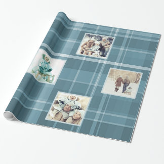 6 Square Photo Blue Plaid Wrapping Paper