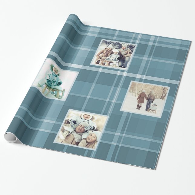 6 Square Photo Blue Plaid Wrapping Paper (Unrolled)
