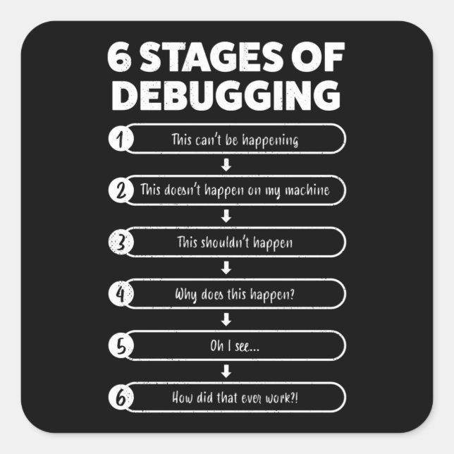 6 Stages Of Debugging | Programmer Gift Square Sticker (Front)