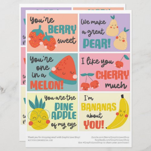 6 Sweet Fruit Kids Classroom Valentines Day Cards