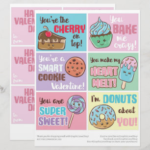 6 Sweet Treats Kids Classroom Valentines Day Cards