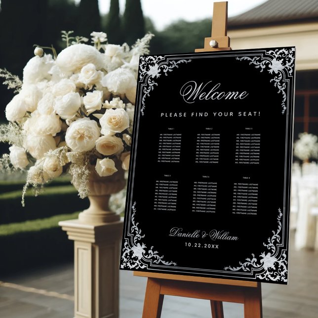 6 Table Black Elegant Ornate Wedding Seating Chart Foam Board (Creator Uploaded)