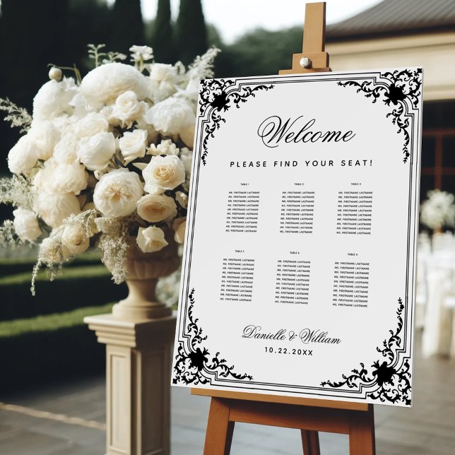 6 Table Black & White Ornate Wedding Seating Chart Foam Board (Creator Uploaded)