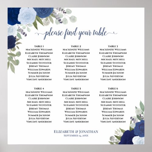 6 Table Blue Roses Boho Wedding Seating Chart