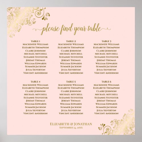 6 Table Blush Pink  Gold Wedding Seating Chart