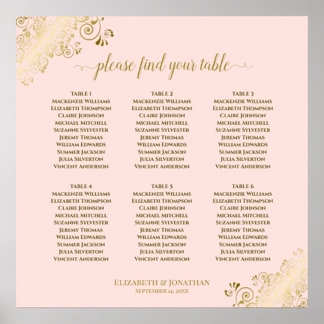 6 Table Blush Pink & Gold Wedding Seating Chart (Front)