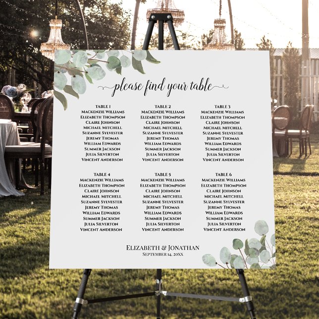6 Table Boho Chic Eucalyptus Wedding Seating Chart Foam Board (In Situ at Reception)