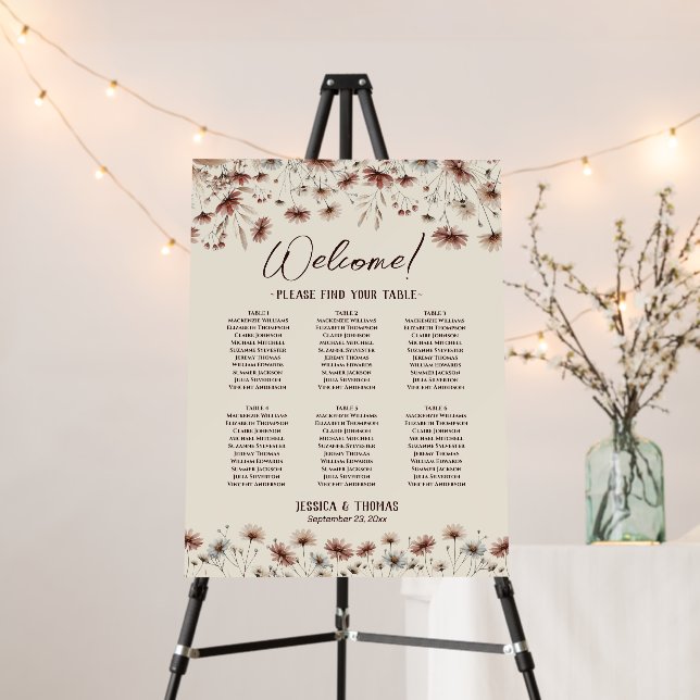 6 Table Boho Wildflowers Wedding Seating Chart Foam Board (In Situ (Stand))