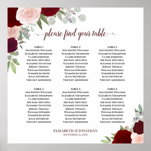 6 Table Burgundy Red  Blush Floral Seating Chart