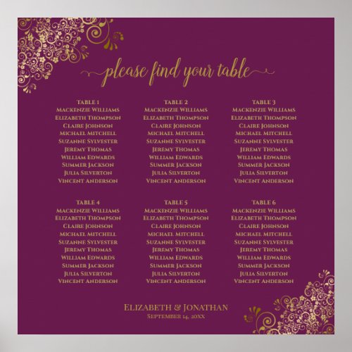 6 Table Cassis Purple  Gold Wedding Seating Chart