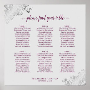 6 Table Cassis Purple & Gray Wedding Seating Chart