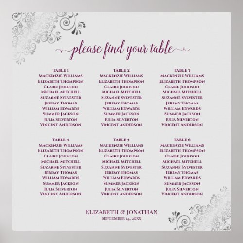 6 Table Cassis Purple  Gray Wedding Seating Chart