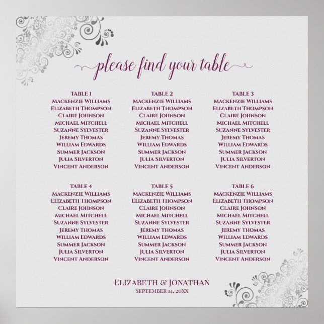 6 Table Cassis Purple & Gray Wedding Seating Chart (Front)