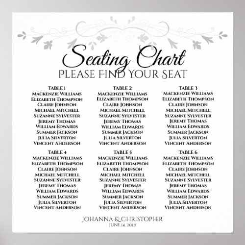 6 Table Chic Silver Flourish Wedding Seating Chart