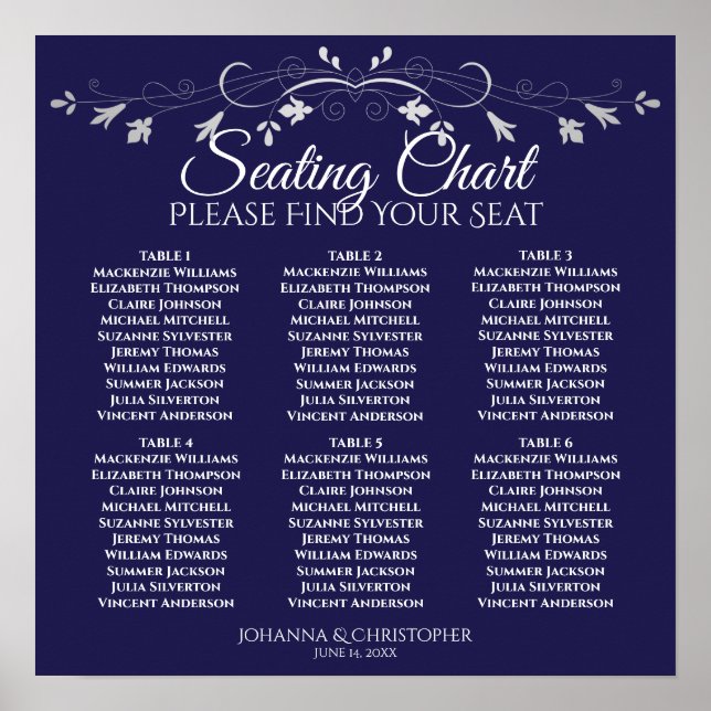 6 Table Chic Silver & Navy Wedding Seating Chart (Front)